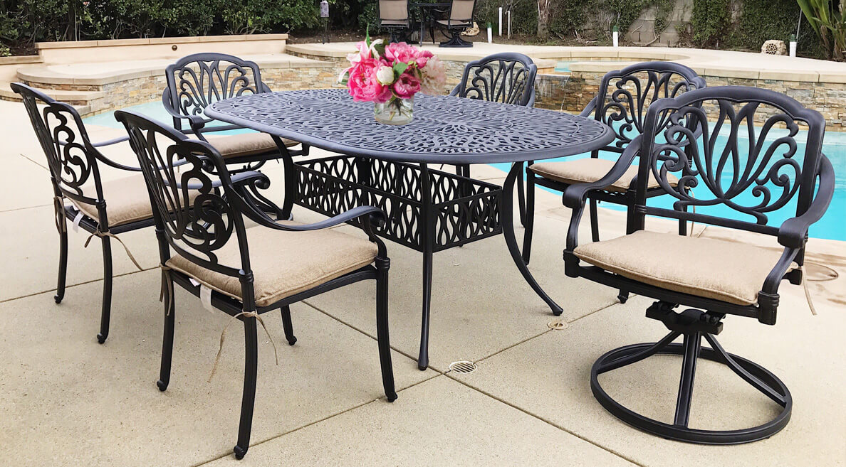 Elegant Amalfi Dining Experience: Hand-Painted Non-Rust Cast Aluminum Frames and Ergonomic Chair Back Cushioned Seating with Sunbrella Fabric - Life Outside