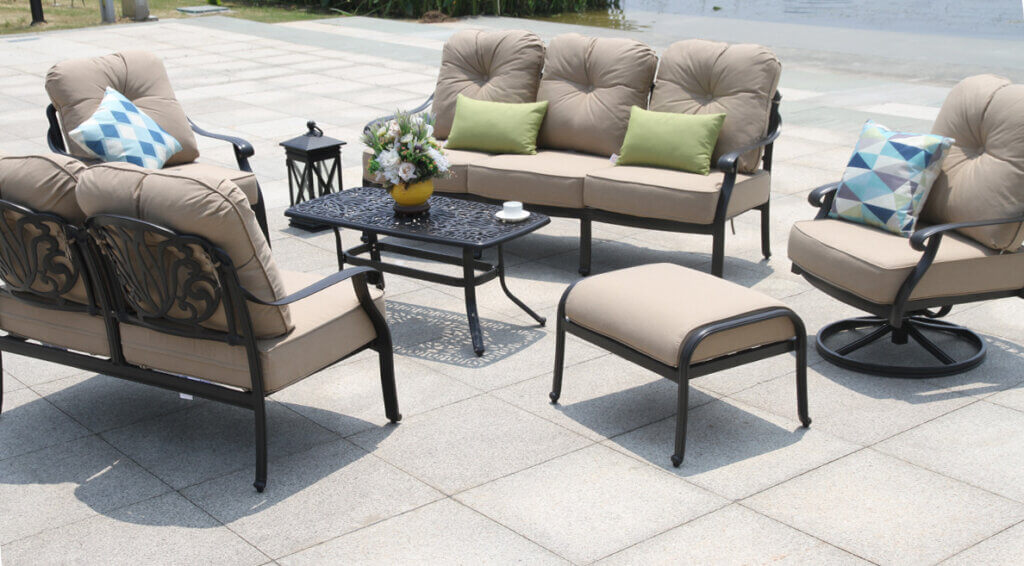 Luxurious Amalfi Living Banner featuring Hand-Brushed Cast Aluminum Sofa Sets and Versatile Ottomans for the Ultimate Outdoor Lounge Experience - Life Outside