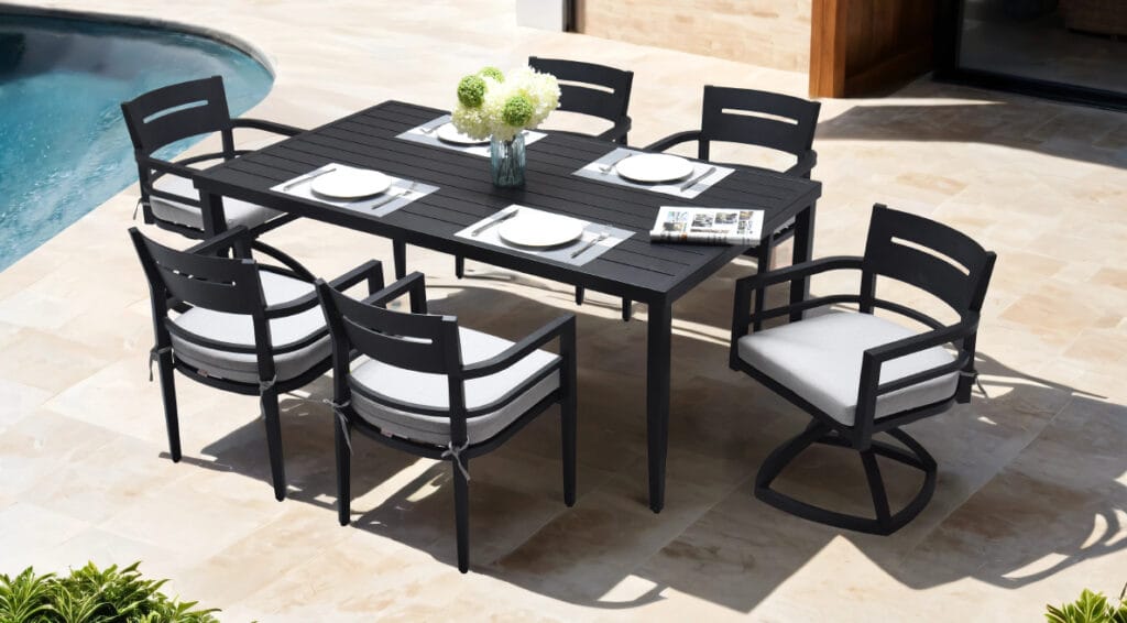 Bellmore 7-Piece Outdoor Dining Set: Rectangular Slat-Top Aluminum Table with 4 Dining Chairs, 2 Swivel Rockers and Sunbrella Fabric Cushions - Modern Patio Dining - Life Outside