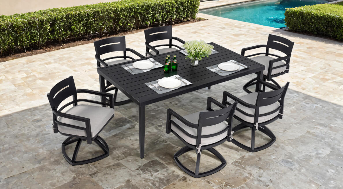 Bellmore Collection: Modern Patio Furniture featuring Curved Aluminum Frames, Premium Sunbrella Fabric Cushions, and Contemporary Living and Dining Sets - Life Outside
