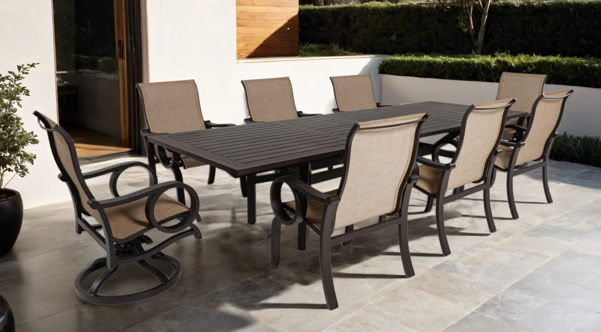 Premium Bloomington 9-Piece Dining Set: 1 Rectangular Cast Aluminum Table, 2 Highback Phifer Sling Swivel Rockers, and 6 Highback Phifer Sling Chairs - High-End Outdoor Living - Life Outside