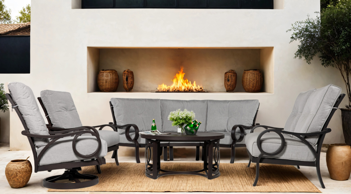 Premium Bloomington Collection 5-Piece Outdoor Living Set including Curved Sectional Sofa, Loveseat, Club Chair, Swivel Rocker Club Chair, and Coffee Table - Hand-Painted Cast Aluminum with Sunbrella Cushions - Life Outside
