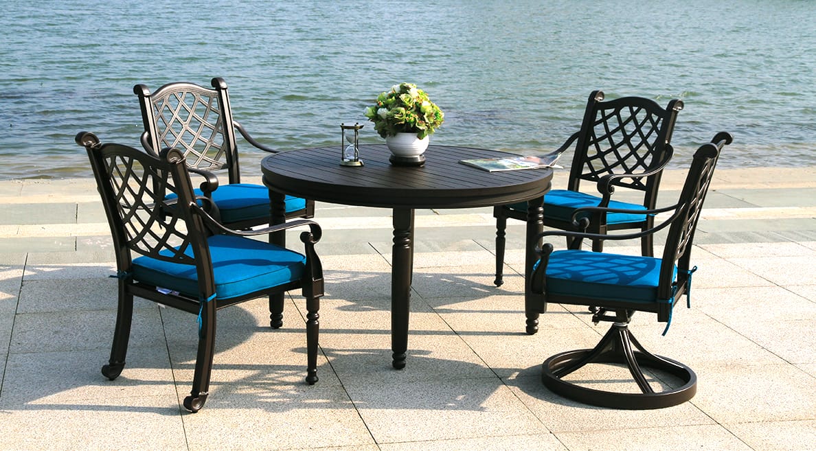 Cambridge Collection Cambridge Collection Banner showcasing Elegant 48-inch Round Dining Table and Ring-Turned Dining Chairs with Premium Sunbrella Cushions - Life Outside