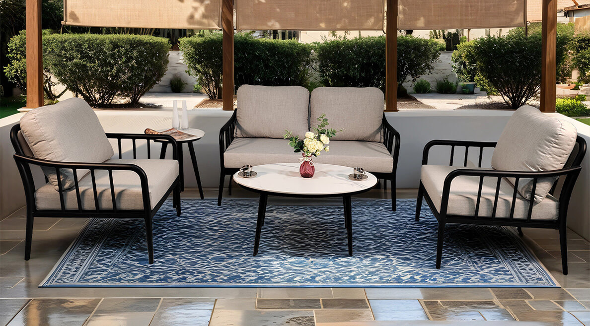 Charlotte Chat Collection Banner showcasing High-End Sintered Stone Oval Coffee Tables and Tapered Leg Aluminum Seating - Elegant All-Weather Outdoor Furniture - Life Outside