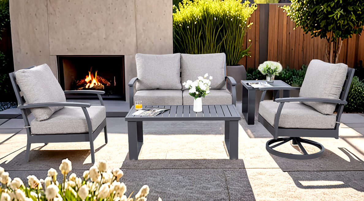 ABOUT US Clark Luxury Patio Furniture Collection: Classic Design Patio Furniture featuring Premium Aluminum Frames and Sunbrella Fabric Cushions for Living and Dining Spaces - Life Outside
