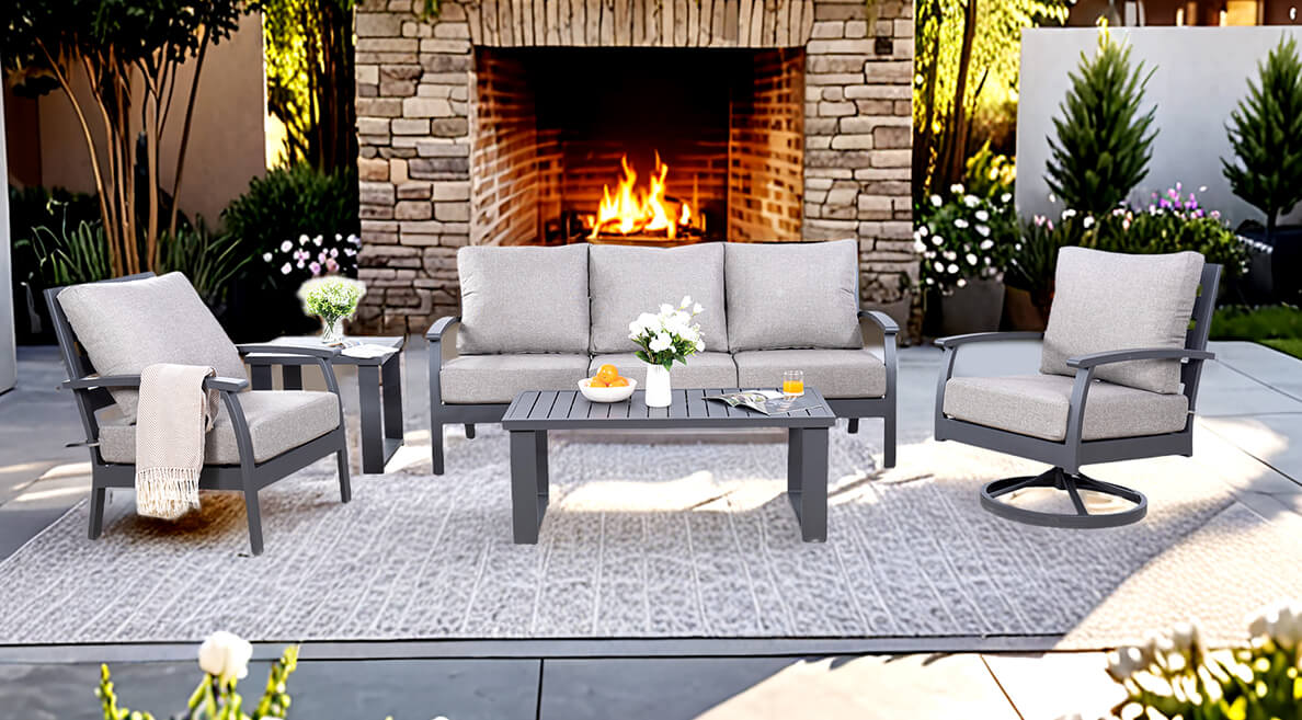 Clark 5-Piece Outdoor Conversation Set: Classic Aluminum Sofa, Club Chair, Swivel Rocker Club Chair, Coffee Table and Side Table with Sunbrella Fabric Cushions - Life Outside