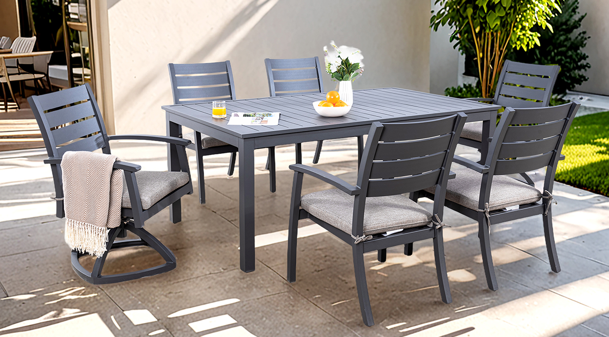 Clark 7-Piece Outdoor Dining Set: Slatted Aluminum Rectangular Table, 4 Dining Chairs and 2 Swivel Rockers with Sunbrella Fabric Cushions - Classic Design for Patio - Life Outside