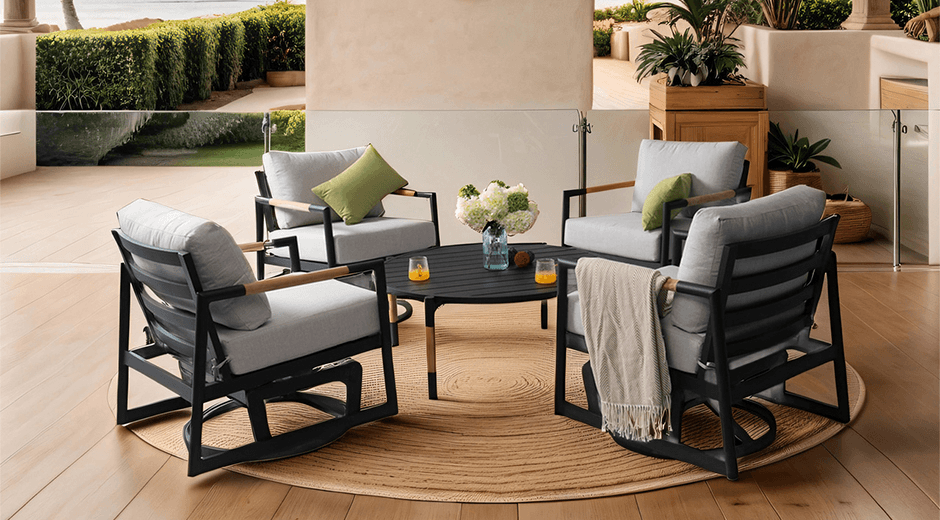 Complete Eden Collection featuring Non-rust Aluminum Frames and Natural Teak Accents - High-End Residential Patio Furniture with Weather-Resistant Sunbrella Cushions - Life Outside