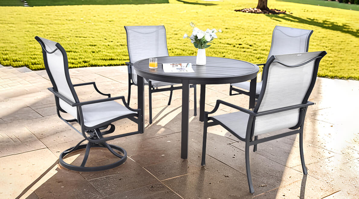 Luxurious Fiona Dining Set featuring Ergonomic High-Back Phifer Sling Chairs and a Solid Post-Leg Aluminum Table with Slatted Top Detail - Life Outside