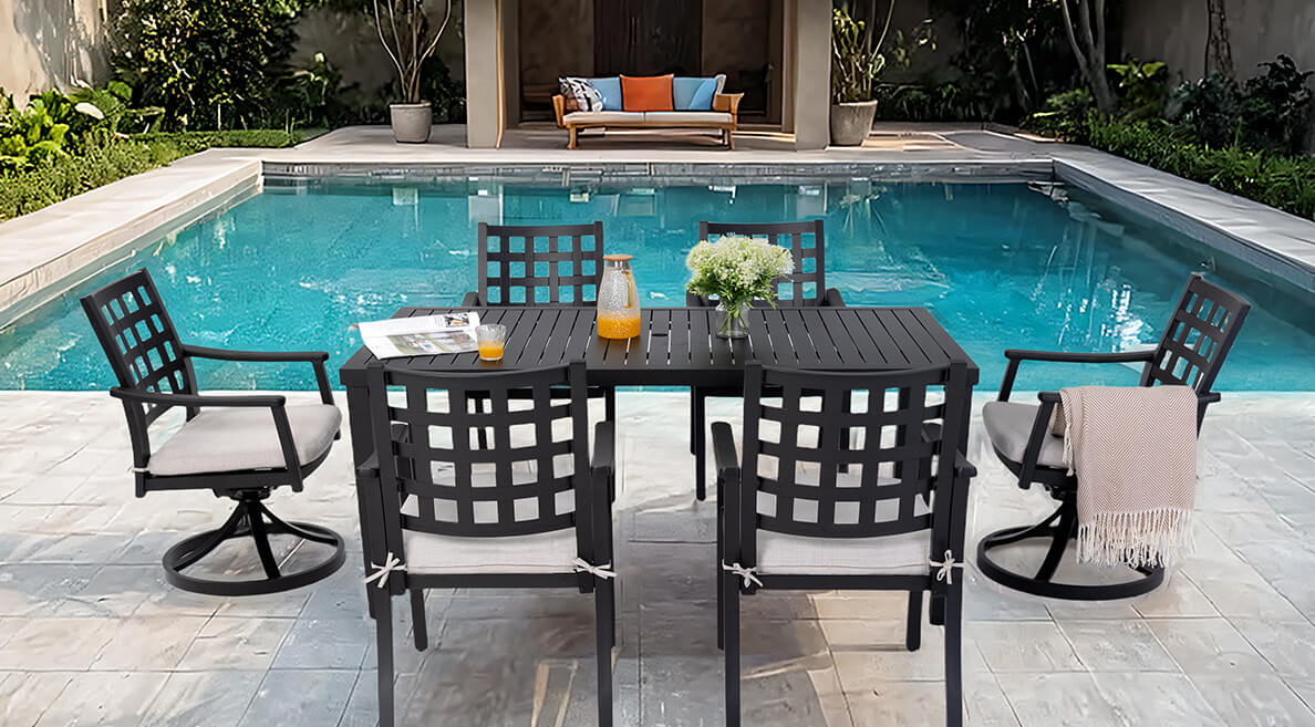 Frankfort Collection Banner showcasing Traditional Lattice Back Seating and Durable Post-Leg Dining Tables in Hand-Painted Cast Aluminum and Sunbrella Fabric Cushions - Life Outside