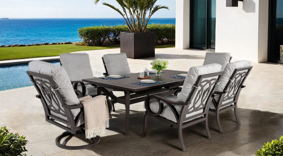 Home Page Bloomington 7-piece Sunbrella Cushioned Dining Set with All-weather Aluminum Frame -Life Outside