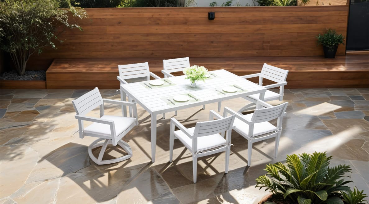 Kenzo 7-Piece Outdoor Dining Set: Rectangular Aluminum Table, 4 Dining Chairs, and 2 Swivel Rockers - Modern Ergonomic Design for Patio Dining - Life Outside