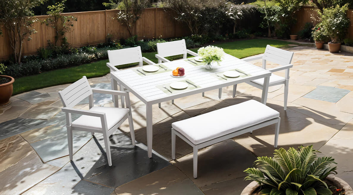 Kenzo Collection: Modern Outdoor Furniture featuring TouchTilt Pneumatic Chaise Lounges, Two-tone Powder Coating Design Dining, and Luxury Conversation Sets - All-weather Aluminum Frame with Premium Sunbrella Fabric Cushions - Life Outside