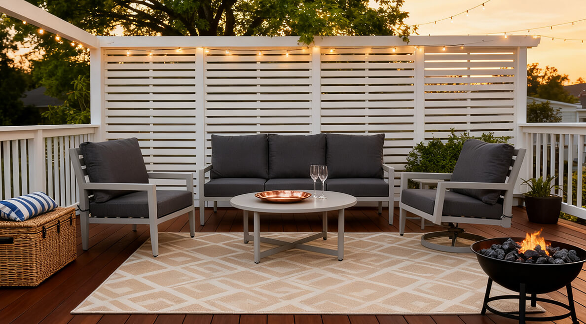 Kenzo Modern Outdoor Living Set featuring Super-size Conversation Set and the TouchTilt Pneumatic Chaise Lounge - All-Weather Aluminum Frame with weather resistant Sunbrella Fabric Cushions - Life Outside