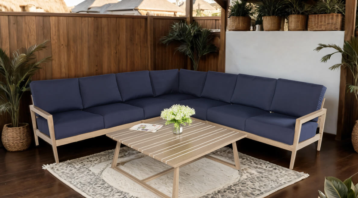Mason Collection 6-Piece Outdoor Sectional Sofa Set featuring Navy Sunbrella Cushions and Hand-Painted Wood-Grain Aluminum Frame - Modern Patio Living - Life Outside