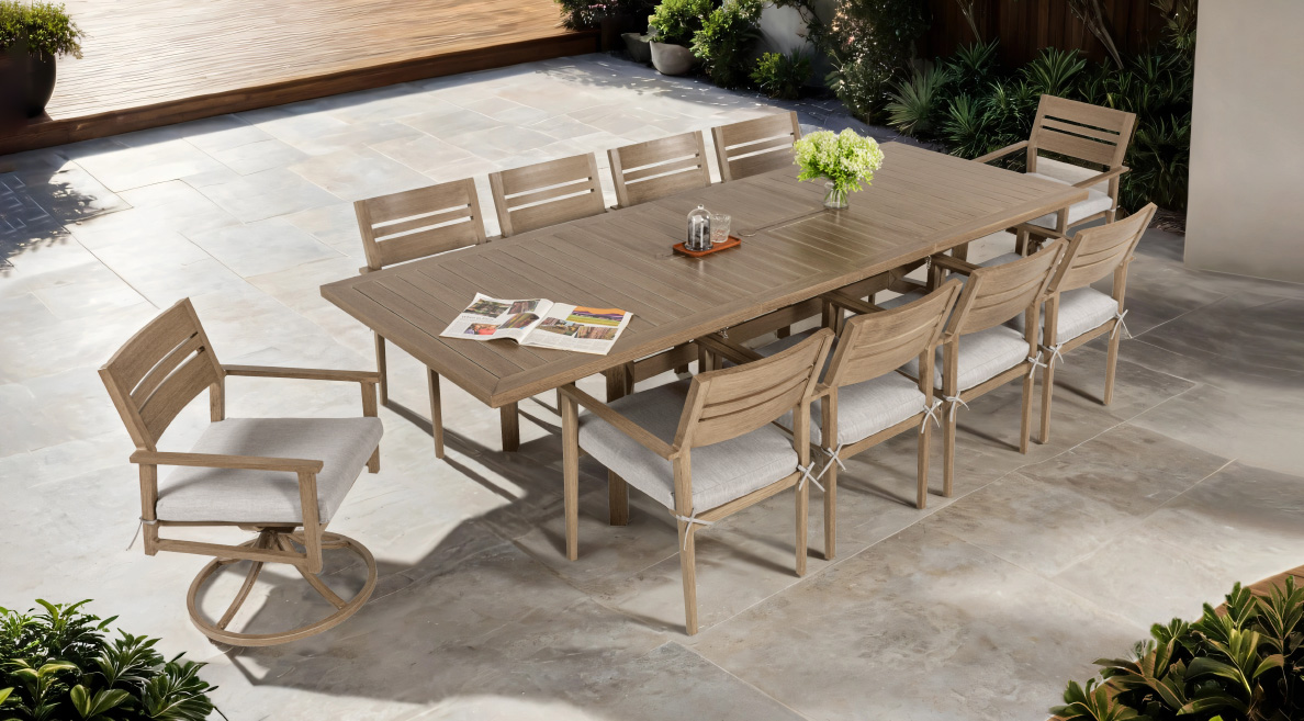 Mason Modern 11-Piece Outdoor Dining Set: Large Extendable Aluminum Table, 8 Dining Chairs, and 2 Swivel Rockers with Sunbrella Fabric Cushions - Life Outside