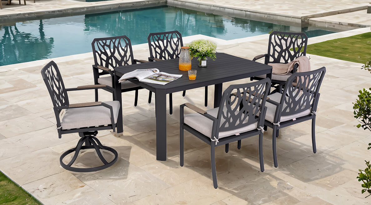 Luxurious Milano Dining Set featuring Rectangle Aluminum Table with Frameless Slatted Top, Post Leg Accents, and Ergonomic Swivel Rocker Chairs - Life Outside