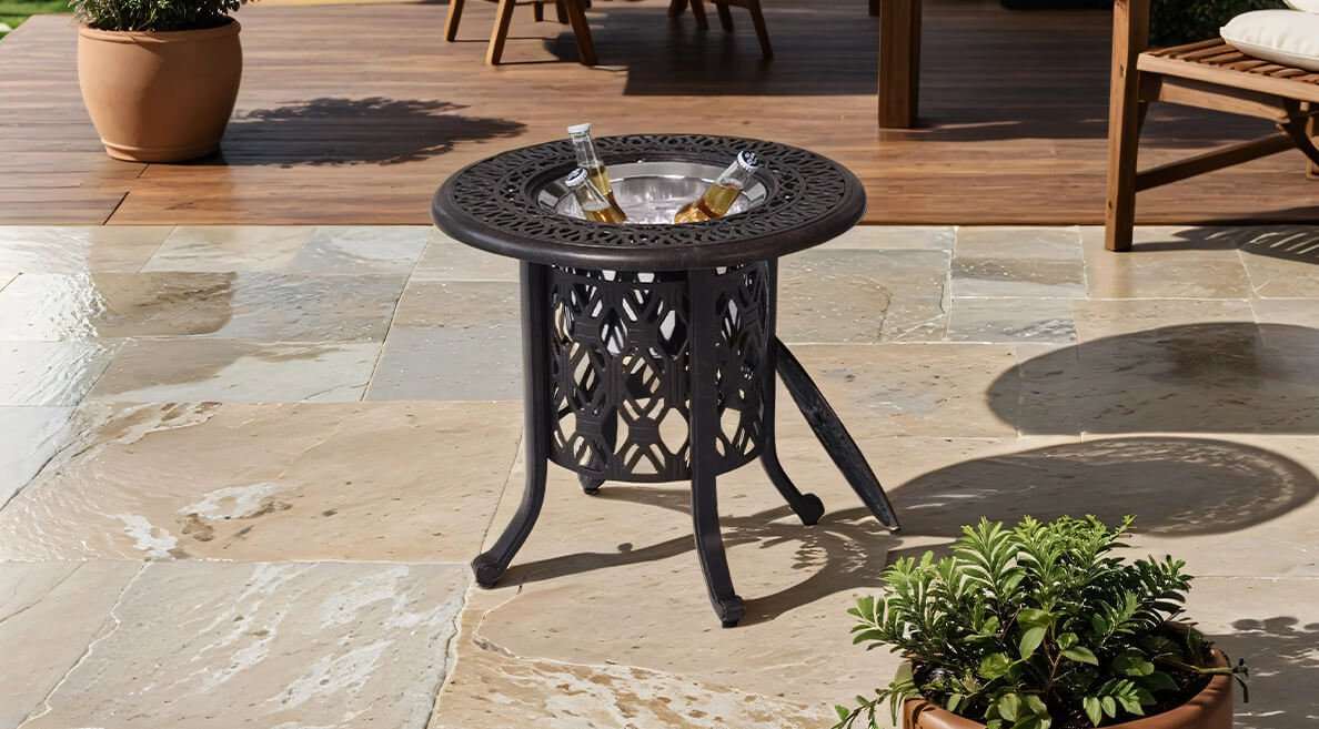 Ice bucket table with Hand Brushed Cast Aluminum Frame and 304 Stainless Steel Bucket, Ready for Poolside, Porch, Deck, and Backyard