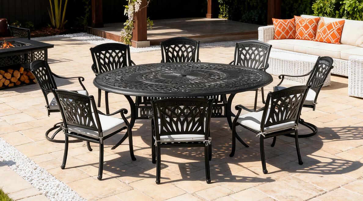 Hamilton 9-piece Premium Dining Set with Hand Brushed Cast Aluminum Furniture and Sunbrella Fabric Cushions for Residential Retailers - Life Outside