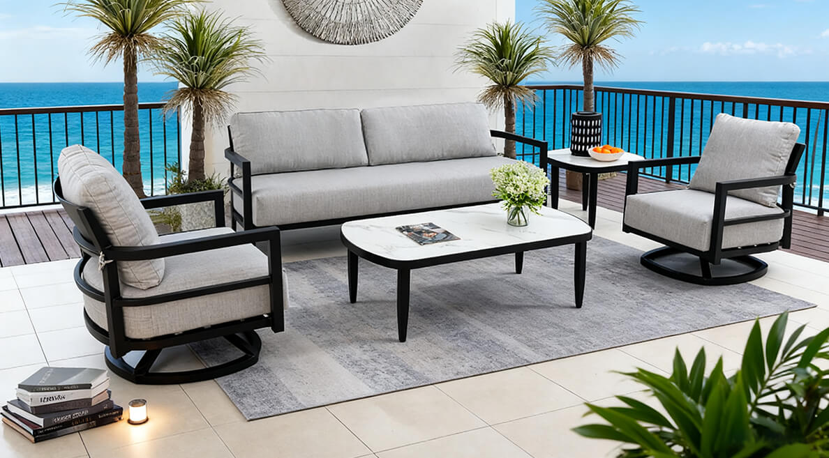 Bellmore 5-Piece Outdoor Conversation Set featuring Modern 3-person Bench Sofa, 2 Motion Club Chairs, Sintered Stone Coffee Table and Side Table, Non-rust Aluminum Frame and Weather-Resistant Sunbrella Cushions - Life Outside