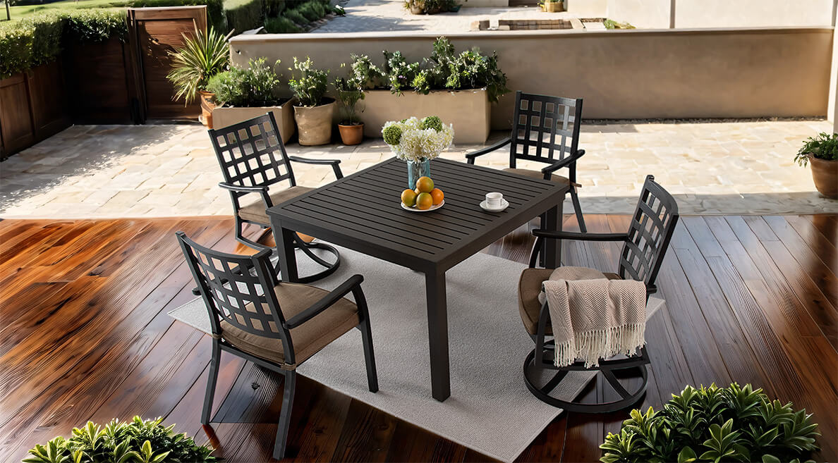 Luxurious Frankfort Dining Set featuring a Large Slatted Aluminum Table with Post Leg Accents and Ergonomic Lattice Back Swivel Rocker Chairs - Life Outside