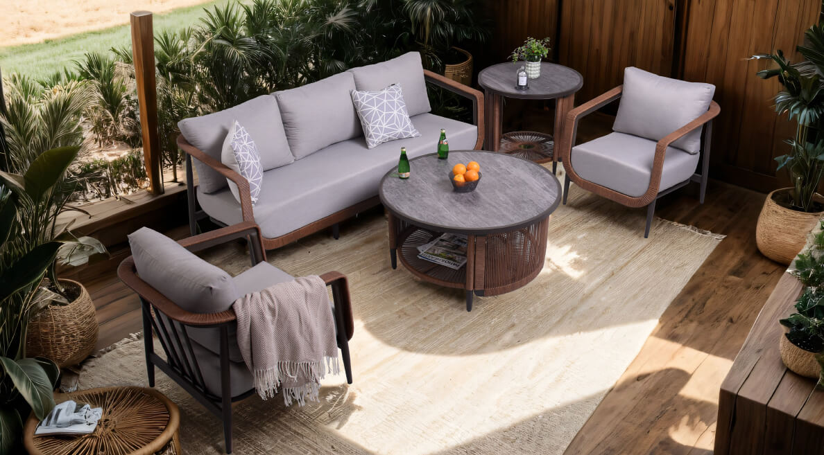 Riverdale Living: Timeless Outdoor Wicker Woven Furniture featuring Aluminum Frames, Sunbrella Cushions, Sintered Stone Coffee Table, Side Table and Versatile 3-Piece Chat Sets and 5-Piece Conversation Groups - Life Outside