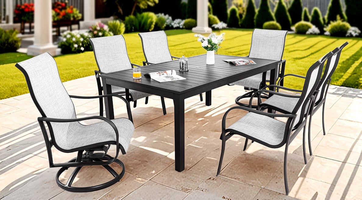 San Tropez Collection Banner showcasing High-Performance Phifer Sling Seating and Elegant Post-Leg Dining Tables - Durable All-Weather Luxury Furniture - Life Outside